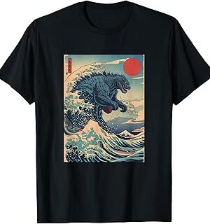 بلوزة بتصميم رسوم متحركة لوحش كايجو وموجة كبيرة من كاناغاوا