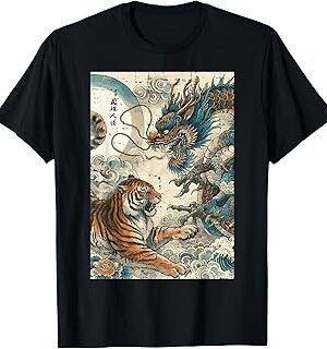 بلوزة بطابع ياباني تحمل صورة نمر مقاتل وتنين