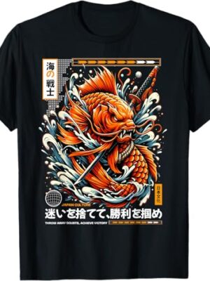 تيشيرت بتصميم وشم ياباني للسيف الساموراي وسمكة الكوي.